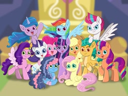 Size: 1024x768 | Tagged: safe, artist:inkies299, applejack, fluttershy, hitch trailblazer, izzy moonbow, misty brightdawn, pinkie pie, pipp petals, rainbow dash, rarity, sunny starscout, twilight sparkle, zipp storm, alicorn, earth pony, pegasus, pony, unicorn, g4, g5, female, looking at you, lying down, male, mane five, mane six, mane six (g5), mare, open mouth, open smile, prone, smiling, smiling at you, spread wings, stallion, twilight sparkle (alicorn), twilight's castle, wings