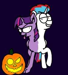 Size: 3023x3351 | Tagged: safe, artist:professorventurer, twilight sparkle, oc, oc:solar eclipse, undead, vampire, werewolf, g4, halloween, high res, holiday, jack-o-lantern, multiple heads, pumpkin, requested art, two heads, werelight sparkle