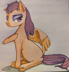 Size: 2947x3076 | Tagged: safe, artist:lawliet13, scootaloo, pegasus, pony, g4, ear piercing, female, food, high res, mare, missing cutie mark, older, orange, piercing, prismacolors, simple background, solo, spread wings, traditional art, underhoof, wings