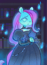 Size: 713x983 | Tagged: safe, artist:shugrcube, fluttershy, ghost, pegasus, undead, anthro, g4, breasts, busty fluttershy, cleavage, female, frown, hair over one eye, hands together, mare, puffy sleeves, solo, victorian dress