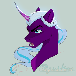 Size: 2000x2000 | Tagged: safe, artist:mythicalartist_, opaline arcana, alicorn, pony, g5, bust, curved horn, female, frown, green background, high res, horn, mare, open mouth, portrait, signature, simple background, solo, three quarter view