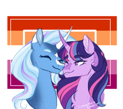 Size: 1800x1600 | Tagged: safe, artist:cinnamoncharm, trixie, twilight sparkle, pony, unicorn, g4, bust, chest fluff, duo, duo female, eyes closed, female, lesbian, lesbian pride flag, mare, nuzzling, pride, pride flag, ship:twixie, shipping, signature