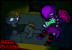 Size: 2612x1806 | Tagged: safe, artist:xxv4mp_g4z3rxx, oc, oc:scarecrow, oc:violet valium, bat pony, pony, unicorn, annoyed, bored, clothes, collar, couch, hoodie, hoof trap, hospital band, implied grimdark, leg warmers, lying down, male, nonbinary, picture frame, purple eyes, red eyes, roblox, rug, sitting, speech bubble, spiked collar, spiked wristband, stallion, struggling, torn clothes, watching tv, wristband