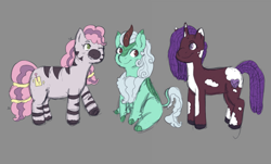 Size: 1342x812 | Tagged: safe, artist:briarlight, idw, skye, violette rainbow, oc, oc:mint thistle, kirin, pony, unicorn, zebra, g5, braces, dreadlocks, female, filly, foal, kirin oc, looking at each other, looking at someone, sketch, smiling, trio, vitiligo