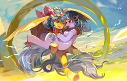 Size: 7000x4500 | Tagged: source needed, safe, artist:flare star, oc, oc only, oc:dippy sparkle, oc:zoran, oc:左岸, pegasus, pony, unicorn, bridal carry, carrying, duo, female, holding a pony, lesbian, mare, oc x oc, shipping