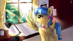 Size: 1920x1080 | Tagged: source needed, safe, artist:b_m, oc, oc only, oc:zoran, oc:左岸, bird, pegasus, pony, desk lamp, solo, tree, window