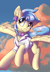 Size: 1800x2600 | Tagged: source needed, safe, artist:ravistdash, oc, oc only, oc:zoran, oc:左岸, pegasus, pony, bowtie, clothes, cloud, ear fluff, female, flying, high res, mare, pegasus oc, shirt, smiling, solo, spread wings, wings