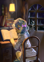Size: 2500x3500 | Tagged: source needed, safe, artist:flare star, oc, oc only, oc:zoran, oc:左岸, pegasus, pony, anthro, book, chair, high res, lamp, moonlight, outdoors, reading, sitting, traditional art, watercolor painting, window
