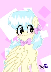 Size: 1000x1414 | Tagged: artist needed, source needed, safe, oc, oc only, oc:zoran, oc:左岸, pegasus, pony, :3, abstract background, blushing, bow, chest fluff, hair bow, partially open wings, smiling, solo, wings