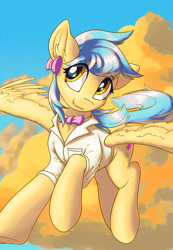 Size: 1800x2600 | Tagged: source needed, safe, alternate version, artist:ravistdash, oc, oc only, oc:zoran, oc:左岸, pegasus, pony, bowtie, clothes, cloud, ear fluff, female, flying, high res, mare, pegasus oc, shirt, smiling, solo, spread wings, wings