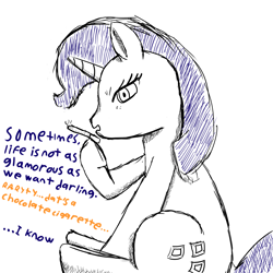 Size: 2000x2000 | Tagged: safe, artist:mano_m, rarity, g4, cigarette, dialogue, high res, implied applejack, joke, monochrome, simple background, sketch, smoking, white background