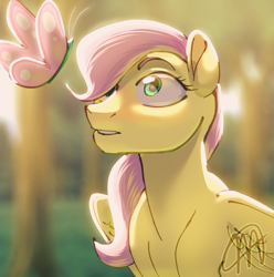 Size: 2000x2015 | Tagged: safe, artist:mythical artist, fluttershy, butterfly, pegasus, pony, g4, female, filly, filly fluttershy, foal, high res, looking up, solo, sunlight, younger