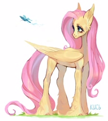 Size: 1929x2160 | Tagged: safe, artist:kncb, artist:кись, fluttershy, butterfly, pegasus, pony, g4, concave belly, eyelashes, female, folded wings, full body, hoof fluff, lacrimal caruncle, large wings, long legs, long mane, long tail, mare, simple background, slender, solo, tail, thin, white background, wings