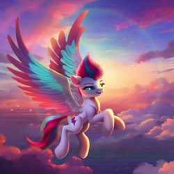 Size: 1650x1650 | Tagged: safe, artist:allegrenix, zipp storm, pegasus, pony, g5, backlighting, cloud, colored eyebrows, colored wings, colored wingtips, crepuscular rays, eyebrows, female, flying, large wings, lighting, mare, multicolored wings, open mouth, scenery, sky, solo, spread wings, wings