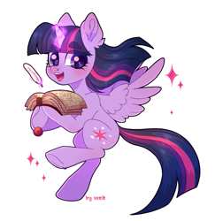 Size: 1377x1418 | Tagged: safe, artist:venik, twilight sparkle, alicorn, pony, g4, book, cute, ear fluff, feather, female, frog (hoof), full body, glowing, glowing horn, heart, heart eyes, horn, levitation, magic, mare, open mouth, open smile, quill, simple background, smiling, solo, spread wings, telekinesis, twiabetes, twilight sparkle (alicorn), underhoof, white background, wingding eyes, wings