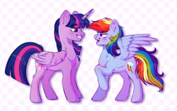 Size: 1926x1217 | Tagged: safe, artist:venik, rainbow dash, twilight sparkle, alicorn, pegasus, pony, g4, checkered background, duo, duo female, female, lesbian, mare, ship:twidash, shipping, twilight sparkle (alicorn)