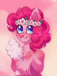 Size: 890x1176 | Tagged: safe, artist:venik, pinkie pie, earth pony, pony, g4, abstract background, cotton candy, cute, diapinkes, female, floral head wreath, flower, mare, pink background, simple background, solo, unshorn fetlocks