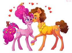 Size: 1427x1062 | Tagged: safe, artist:venik, cheese sandwich, pinkie pie, earth pony, pony, g4, duo, female, heart, heart eyes, holding hooves, male, mare, older, older cheese sandwich, older pinkie pie, ship:cheesepie, shipping, simple background, stallion, straight, white background, wingding eyes