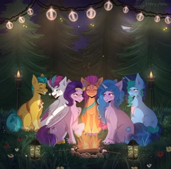 Size: 3339x3283 | Tagged: safe, artist:_.sleepytea, hitch trailblazer, izzy moonbow, misty brightdawn, pipp petals, sunny starscout, zipp storm, earth pony, firefly (insect), insect, pegasus, pony, unicorn, g5, campfire, commission, food, forest, high res, lantern, mane five, mane six (g5), marshmallow, mouth hold, night, no pupils, sitting, string lights, tongue out, torch