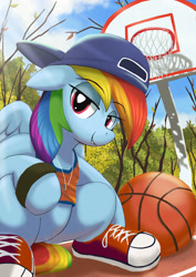 Size: 2480x3508 | Tagged: safe, artist:neoshrek, rainbow dash, pegasus, pony, g4, '90s, autumn, basketball, converse, female, folded wings, high res, looking at you, shoes, sitting, sneakers, solo, sports, squatting, tomboy, wings