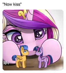 Size: 1084x1200 | Tagged: safe, alternate character, alternate version, artist:lailyren, flash sentry, princess cadance, twilight sparkle, alicorn, pegasus, pony, g4, commission, female, figurine, heart, heart eyes, jewelry, male, mare, meme, now kiss, princess of shipping, regalia, ship:flashlight, shipper on deck, shipping, signature, stallion, straight, table, text, twilight sparkle (alicorn), wingding eyes, ych result