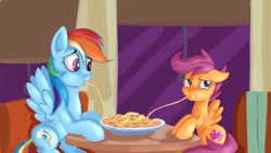 Size: 1920x1080 | Tagged: safe, artist:jbond, rainbow dash, scootaloo, pegasus, pony, g4, duo, eating, female, filly, foal, food, lady and the tramp, lesbian, mare, pasta, pseudoincest, restaurant, ship:scootadash, shipping, sitting, spaghetti, table