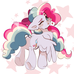 Size: 2327x2327 | Tagged: safe, artist:pledus, oc, oc only, oc:sky sorbet, pegasus, pony, abstract background, bow, dock, eyebrows, female, hair bow, high res, looking at you, mare, multicolored hair, multicolored mane, one eye closed, pegasus oc, solo, stars, tail, underhoof, wink, winking at you