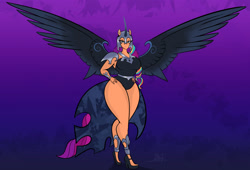 Size: 2331x1581 | Tagged: safe, artist:panthra78, sunny starscout, earth pony, anthro, g5, breasts, busty sunny starscout, clothes, cosplay, costume, fake horn, fake wings, female, gradient background, high heels, high-cut clothing, leotard, nightmare moon armor, nightmare night costume, nightmare sunny, one-piece swimsuit, shoes, solo, spread wings, swimsuit, thicc thighs, thighs, thunder thighs, wide hips, wings