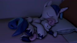 Size: 3840x2160 | Tagged: safe, artist:sporealtair, shining armor, sweetie belle, pony, unicorn, g4, 3d, bed, bedroom, female, filly, foal, high res, hooves, hug, sleeping, source filmmaker
