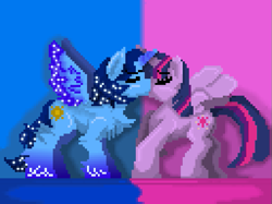 Size: 709x531 | Tagged: artist needed, source needed, safe, twilight sparkle, oc, oc:blue thunder, alicorn, pony, g4, alicorn oc, butt, canon x oc, duo, eyes closed, female, horn, kiss on the lips, kissing, male, pixel art, plot, straight, thundersparkle, twilight sparkle (alicorn), wings