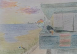 Size: 3681x2559 | Tagged: safe, artist:dhm, rainbow dash, pony, g4, beach, building, comfy, high res, photo, sunset, traditional art