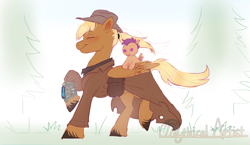 Size: 4848x2815 | Tagged: safe, artist:mythical artist, scootaloo, oc, oc:threnody, pegasus, pony, fallout equestria, fallout equestria: speak, g4, clothes, cowboy hat, fanfic art, female, hat, pipbuck, plushie, stetson