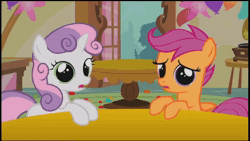 Size: 1280x720 | Tagged: safe, edit, edited screencap, screencap, scootaloo, sweetie belle, pegasus, pony, robot, unicorn, friendship is witchcraft, g4, all star (song), animated, balloon, blinking, music, open mouth, sound, sugarcube corner, sweetie bot, wait for it, webm, youtube link