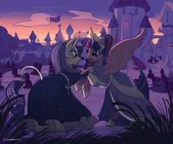 Size: 2048x1708 | Tagged: safe, artist:calaphort, rarity, twilight sparkle, alicorn, pony, unicorn, g4, the last problem, background pony, canterlot castle, clothes, coronation dress, crown, digital art, dress, ear piercing, earring, female, gown, holding hooves, horn, jewelry, lesbian, looking at each other, looking at someone, piercing, regalia, second coronation dress, ship:rarilight, shipping, signature, silhouette, spread wings, sundown, tail, twilight sparkle (alicorn), wings