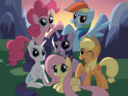 Size: 2732x2049 | Tagged: safe, artist:lydia, applejack, fluttershy, pinkie pie, rainbow dash, rarity, twilight sparkle, earth pony, pegasus, pony, unicorn, mlp fim's thirteenth anniversary, g4, female, grass, high res, hill, looking at you, mane six, mane six opening poses, mare, sky, smiling, unicorn twilight