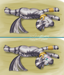 Size: 2307x2677 | Tagged: safe, artist:eltanin14d, zecora, zebra, g4, behaving like a cat, blushing, body pillow, butt, caught, cute, ear piercing, earring, embarrassed, eyes closed, featured image, female, flexible, high res, jewelry, looking at you, lying down, piercing, plot, sexy, signature, solo, stretching, zecorable, zecorass
