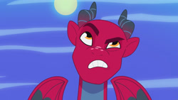 Size: 3072x1727 | Tagged: safe, screencap, lava (g5), dragon, g5, lavarynth, my little pony: tell your tale, spoiler:g5, spoiler:my little pony: tell your tale, spoiler:tyts01e62, eyebrows, frown, male, night, raised eyebrow, solo