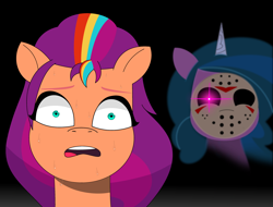 Size: 2900x2200 | Tagged: artist needed, source needed, safe, izzy moonbow, sunny starscout, earth pony, pony, unicorn, g5, halloween, high res, holiday, jason voorhees, scared, sweat