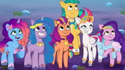Size: 3072x1727 | Tagged: safe, screencap, hitch trailblazer, izzy moonbow, misty brightdawn, pipp petals, sparky sparkeroni, sunny starscout, zipp storm, dragon, earth pony, pegasus, pony, unicorn, g5, lavarynth, my little pony: tell your tale, spoiler:g5, spoiler:my little pony: tell your tale, spoiler:tyts01e62, baby, baby dragon, female, grin, male, mane five, mane six (g5), mare, open mouth, open smile, rebirth misty, royal sisters (g5), siblings, sisters, smiling, stallion