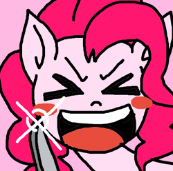 Size: 469x465 | Tagged: safe, pinkie pie, earth pony, pony, fanfic:cupcakes, g4, female, knife, mare