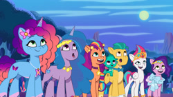 Size: 3072x1727 | Tagged: safe, screencap, hitch trailblazer, izzy moonbow, misty brightdawn, pipp petals, sparky sparkeroni, sunny starscout, zipp storm, dragon, earth pony, pegasus, pony, unicorn, g5, lavarynth, my little pony: tell your tale, spoiler:g5, spoiler:my little pony: tell your tale, spoiler:tyts01e62, :o, baby, baby dragon, female, male, mane five, mane six (g5), mare, night, open mouth, open smile, rebirth misty, royal sisters (g5), siblings, sisters, smiling, stallion, the isle of scaly (location)