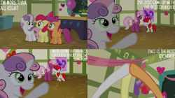 Size: 828x465 | Tagged: safe, edit, edited screencap, editor:quoterific, screencap, apple bloom, cheerilee, scootaloo, sweetie belle, twist, pony, g4, hearts and hooves day (episode), season 2, blindfold, cutie mark crusaders, ponyville schoolhouse