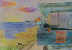 Size: 3681x2559 | Tagged: safe, artist:dhm, editor:maonyman, rainbow dash, pegasus, pony, g4, balcony, beach, colored pencil drawing, comfy, female, high res, mare, smiling, sunset, traditional art