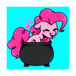 Size: 1181x1181 | Tagged: safe, artist:jellysketch, pinkie pie, earth pony, pony, g4, blushing, bubble, cauldron, eyes closed, female, floppy ears, happy, mare, open mouth, open smile, passepartout, sitting, smiling, solo