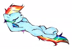 Size: 2498x1695 | Tagged: safe, artist:liaaqila, rainbow dash, pegasus, pony, g4, belly, commission, crossed legs, eyes closed, female, high res, lying down, mare, missing cutie mark, on back, signature, simple background, smiling, solo, traditional art, underhoof, white background, wingless