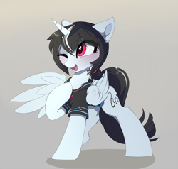 Size: 2888x2751 | Tagged: safe, artist:magnaluna, oc, oc only, alicorn, pony, alicorn oc, blushing, clothes, cute, eye clipping through hair, eyebrows, eyebrows visible through hair, female, gradient background, high res, horn, mare, one eye closed, one wing out, open mouth, open smile, raised hoof, shirt, smiling, solo, wings, wink