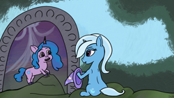Size: 2560x1440 | Tagged: safe, artist:drato, izzy moonbow, trixie, pony, unicorn, mlp fim's thirteenth anniversary, g4, g5, clothes, female, generational ponidox, hat, mare, outdoors, portal, trixie's hat