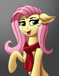 Size: 1467x1900 | Tagged: safe, artist:fess, fluttershy, pegasus, pony, g4, bust, cheek fluff, chest fluff, clothes, ear fluff, female, floppy ears, gradient background, looking at you, mare, open mouth, open smile, raised hoof, scarf, shoulder fluff, smiling, smiling at you, solo, three quarter view, wingless