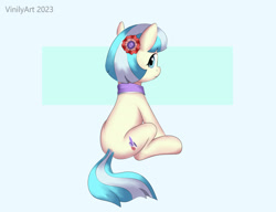 Size: 1720x1320 | Tagged: safe, artist:vinilyart, coco pommel, earth pony, pony, g4, blue background, cocobetes, cute, female, looking at you, looking back, looking back at you, mare, signature, simple background, sitting, solo, white background