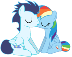 Size: 469x373 | Tagged: safe, artist:anonymous, artist:rulette, rainbow dash, soarin', pegasus, pony, g4, duo, female, kiss on the lips, kissing, male, mare, ship:soarindash, shipping, simple background, stallion, straight, transparent background